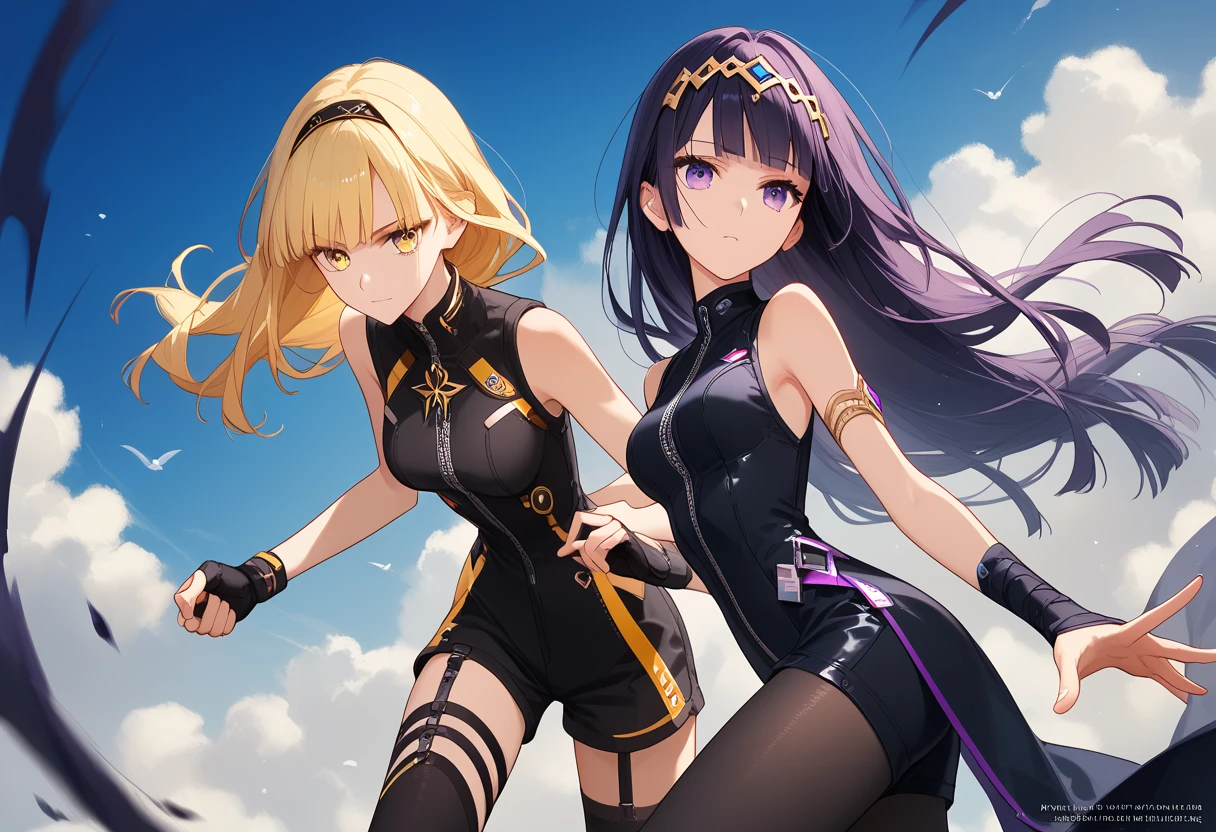 ( masterpiece fails,   high quality ,   Best quality  ,   official art ,   Beautiful and aesthetic  :1.2), (()), (( 1 girl)),   very detailed  ,  BREAK,   incredibly detailed face, Eye details, blunt bangs, ( to the hair between the eyes  ), eyelashes,   purple eyes , Best quality ， Headbands ,  yellow hair is fighting , black jumpsuit，lacepantyhose， short Black skinny shorts ，Girls in front , sleeveless, short stockings,  the gap between shorts and stockings , 2 girls