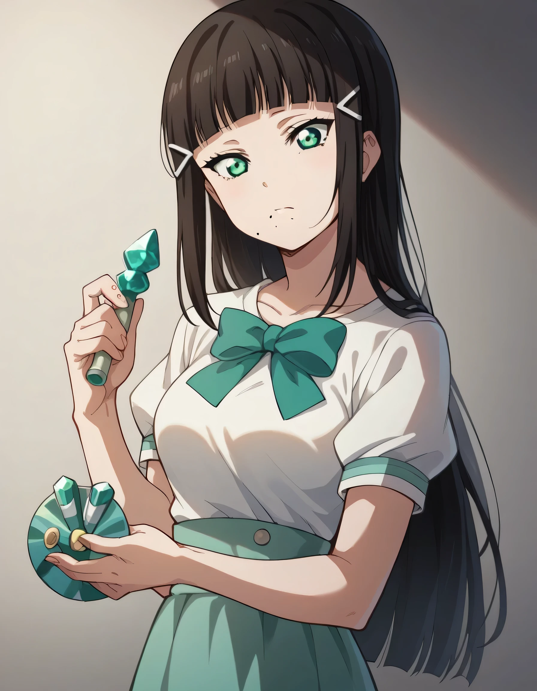 score_9, score_8_up, score_7_up, source_anime, dia kurosawa, long hair, bangs, black hair, hair ornament, green eyes, sidelocks, hairclip, blunt bangs, mole, mole under mouth, medium breasts,, skirt,with sample, breasts and, holding it