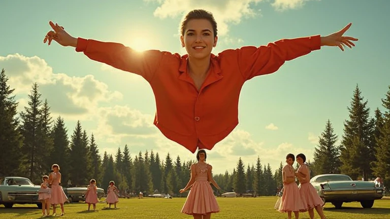 Flying Over a Park with Girls Playing Superwoman glides through the sky above a retrofuturistic park filled with lush greenery and chrome sculptures of atomic-era designs. Below, girls dressed in 1950s-inspired dresses twirl and laugh as they play under the warm glow of a late afternoon sun. Her cape creates a striking silhouette against the soft, golden light. Small, autonomous drones float nearby, capturing the serene scene. Superwoman smiles gently, reassured by the peaceful moment, as her presence subtly conveys a message of protection and optimism.