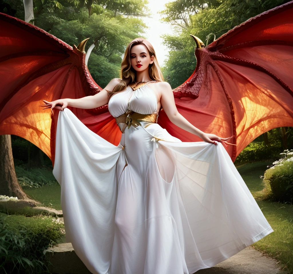 Female dragon, arrogant and proud, with an empowered and arrogant woman pose, long blonde-brown hair, black eyes, wearing deep red lipstick, with her body full of scales, outstretched wings, golden-yellow scales, wearing a white dress