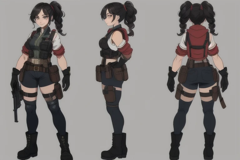 A woman, 20 years old, ponytail, medium hair, aesthetic body, thick thigs, stylish, mechanic, mechanic clothes, muscular legs, desert camo, big , tank top, shorts, futuristic, Chun-li legs, military pants, elbow pad, knee pad, tools, tech equipment, tool belt, various angles, (front, back, side), character sheet, model sheet, reference sheet.