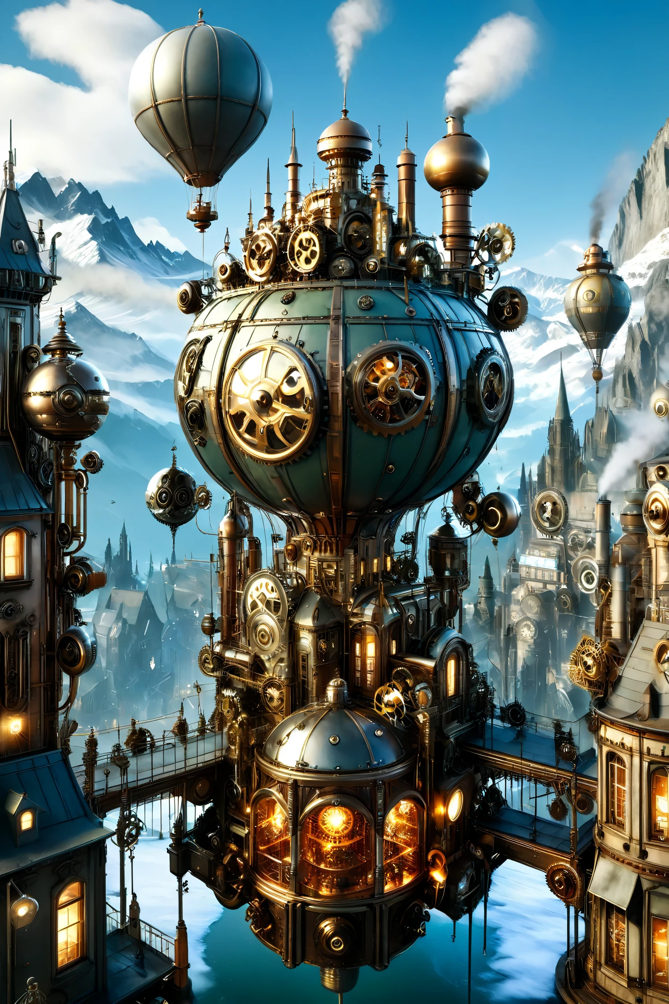 A sprawling steampunk city perched high in the mountains, featuring Victorian-era architecture with brass, copper, and iron elements. The city is alive with activity, with towering clockwork towers and chimneys emitting gentle plumes of steam. Elevated walkways and suspension bridges connect buildings across deep ravines, illuminated by glowing amber street lamps. Ornate airship docking platforms sit atop peaks, where dirigibles float gracefully in the crisp mountain air. Snow-capped peaks surround the city, and cascading waterfalls power giant mechanical waterwheels. Cobblestone streets are lined with bustling markets, street performers, and mechanical automata, creating a vibrant and otherworldly atmosphere.