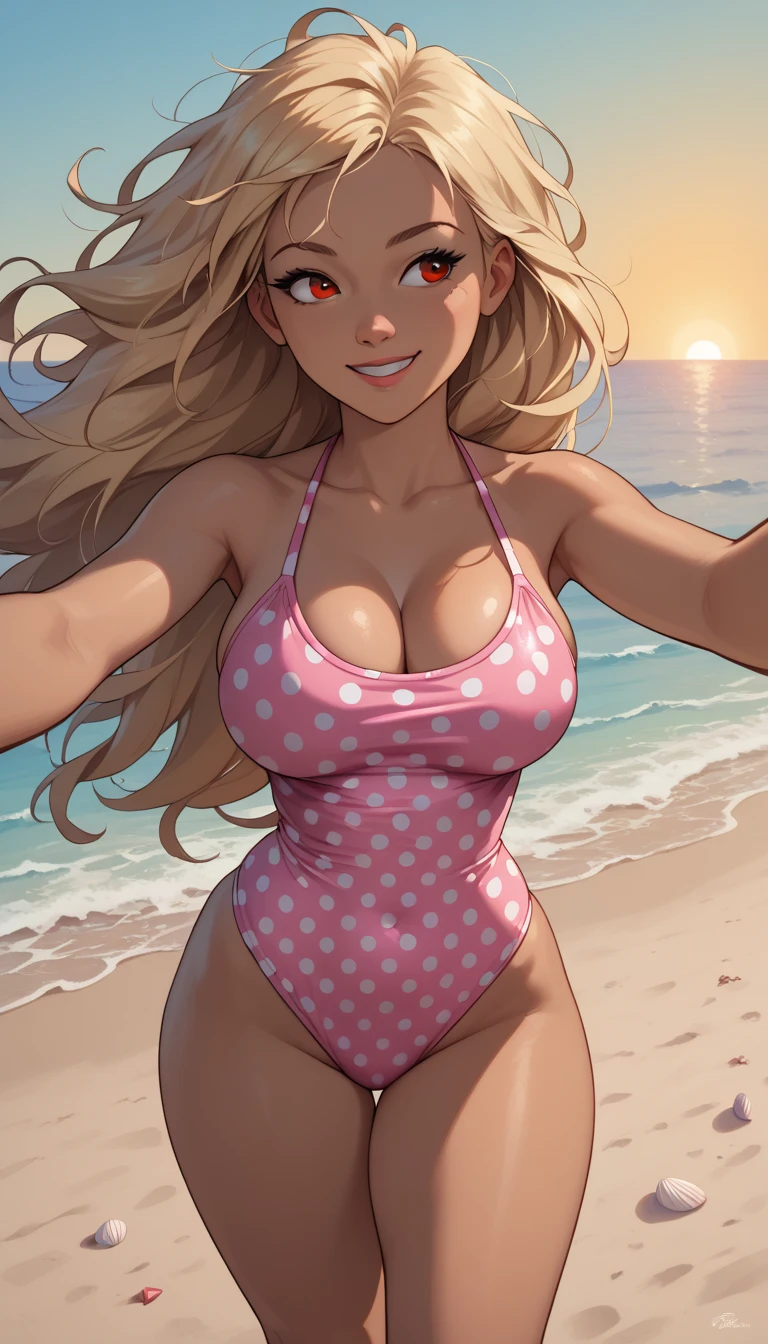 
Teen girl, fly away, blonde hair  ,  long hair,   brown eyes   (:1.1),  dark skin, pink swimsuit with white polka dots,  exposed legs  ,  Big breasts  ,  thick thighs  ,  At knee height ,   Be shiny and oily  ,
Selfie, ,   smiling,Playing on the beach,sunset light , wind, loose hair  