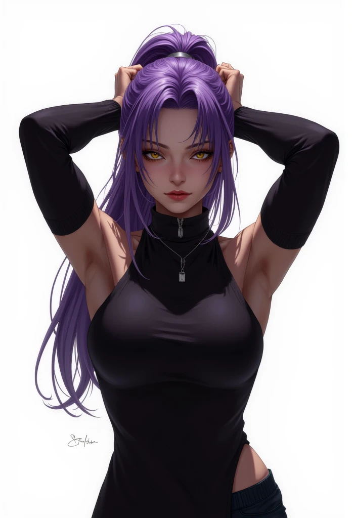 flux,A dramatic portrait of a strong-willed Shihouin Yoruichi, a dark-skinned female with long, purple-hued ponytail and yellow eyes. She stands solo on a simple white background, her arms raised in a confident pose as she adjusts her hair. Her powerful physique is accentuated by the sleeveless turtle-neck sweater, complete with detached sleeves and a choker necklace. Her gaze meets the viewer's directly, exuding an air of quiet strength.flux