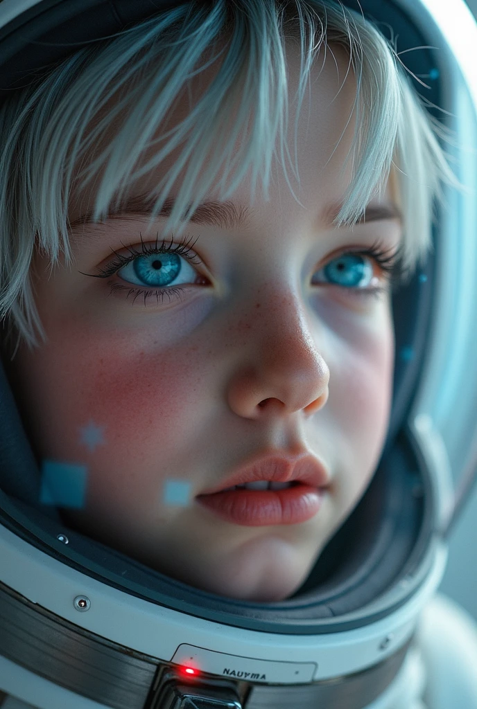 A short straight silky blonde haired sweden girl, bang, bright blue eyes, 15 years old, young, pale skin, frightened, insecure expression, Ultra high res, uhd, (photorealistic:1.4), doll-like face, in spaceship, wearing futuristic spacesuit, carrying futuristic laser gun, sweaty