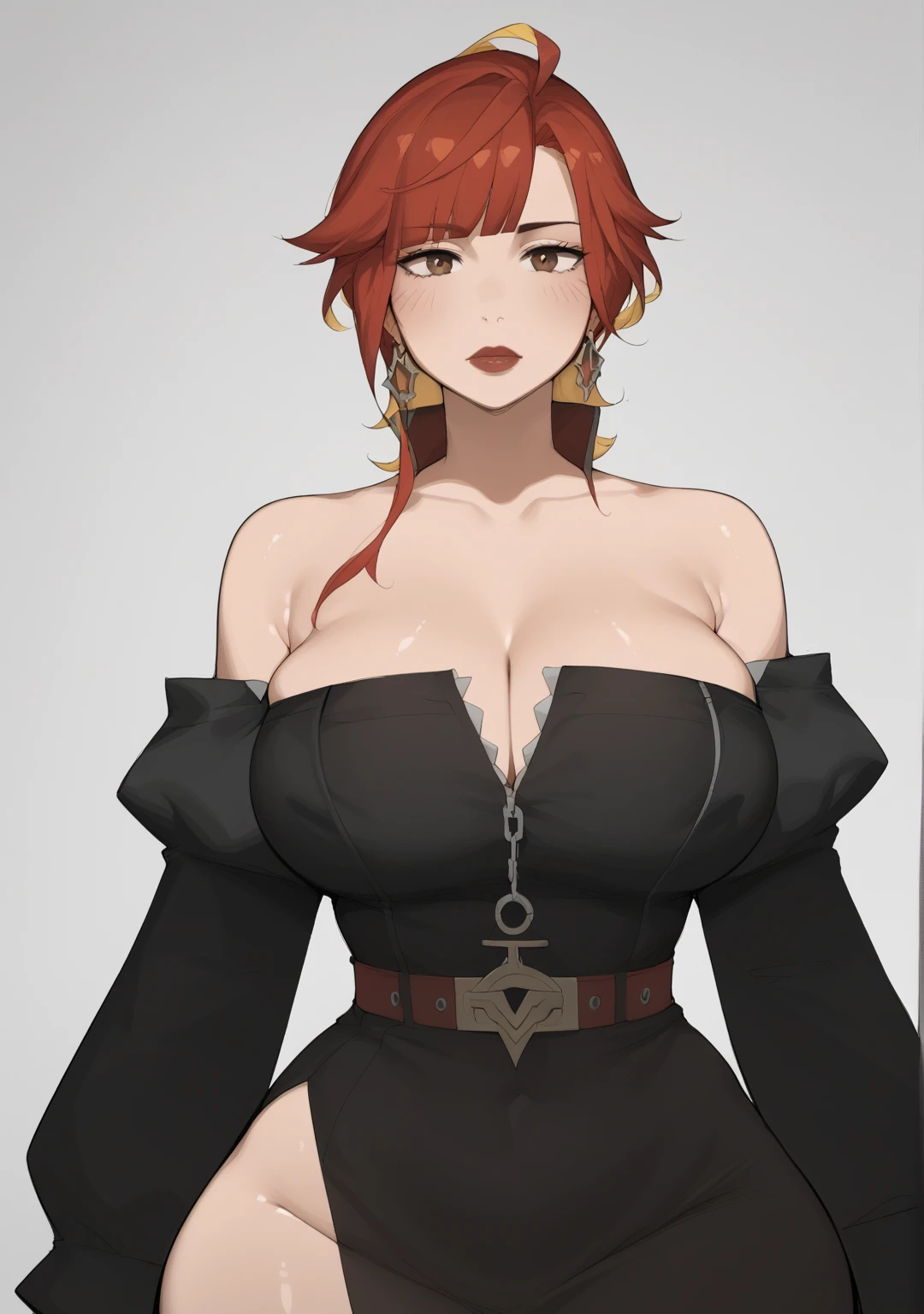 , huge breasts,score_9, score_8_up, score_7_up, score_6_up, source_anime,monochrome,dijor, sketched,Milf, Mommy, solo female, Curvaceous Physique, shiny skin, multicolored hair, red hair, yellow hair, blunt bangs, large breasts, red lipstick, black dress, long sleeves, belt, bare shoulders, cleavage