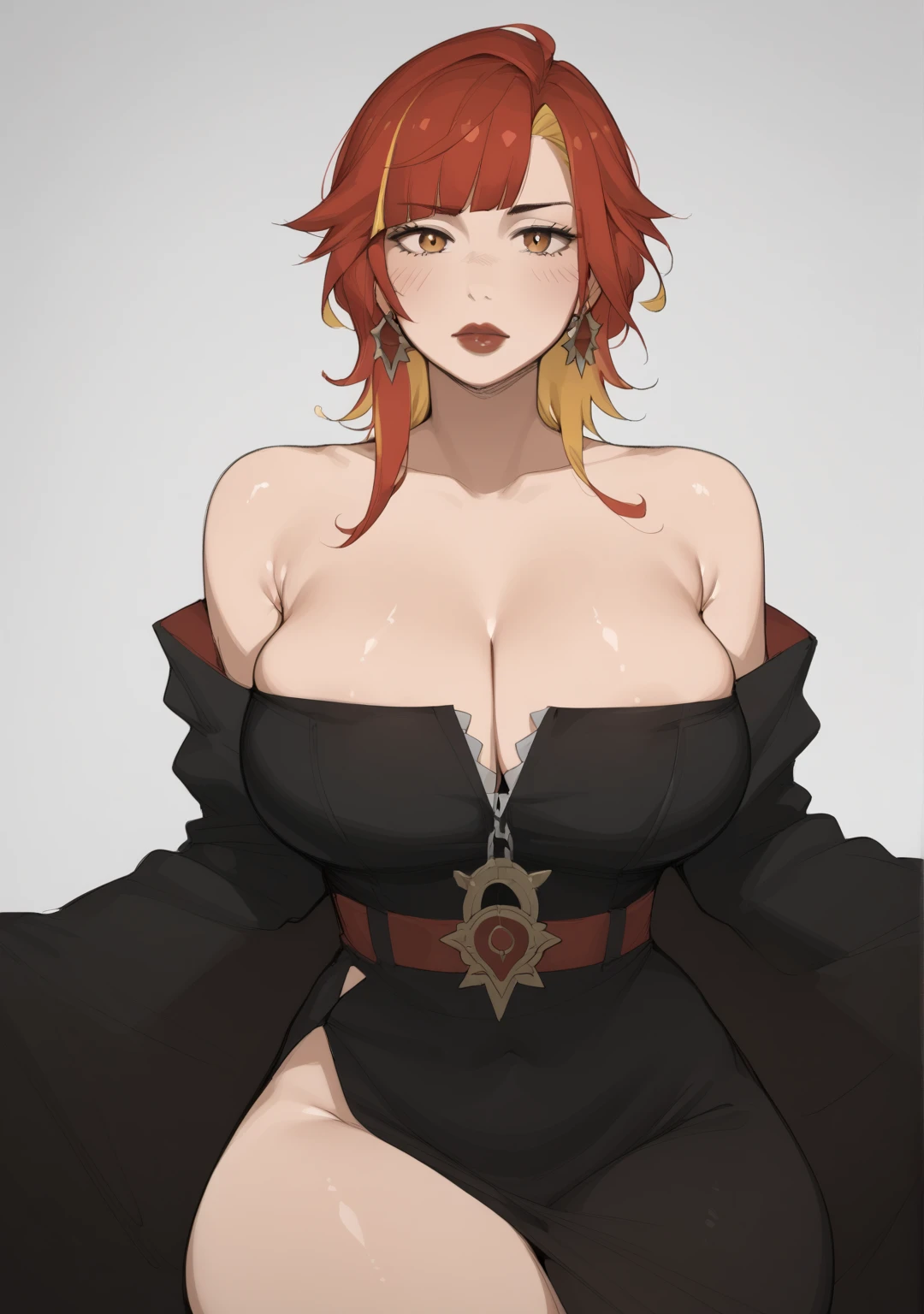 , huge breasts,score_9, score_8_up, score_7_up, score_6_up, source_anime,monochrome,dijor, sketched,Milf, Mommy, solo female, Curvaceous Physique, shiny skin, multicolored hair, red hair, yellow hair, blunt bangs, large breasts, red lipstick, black dress, long sleeves, belt, bare shoulders, cleavage