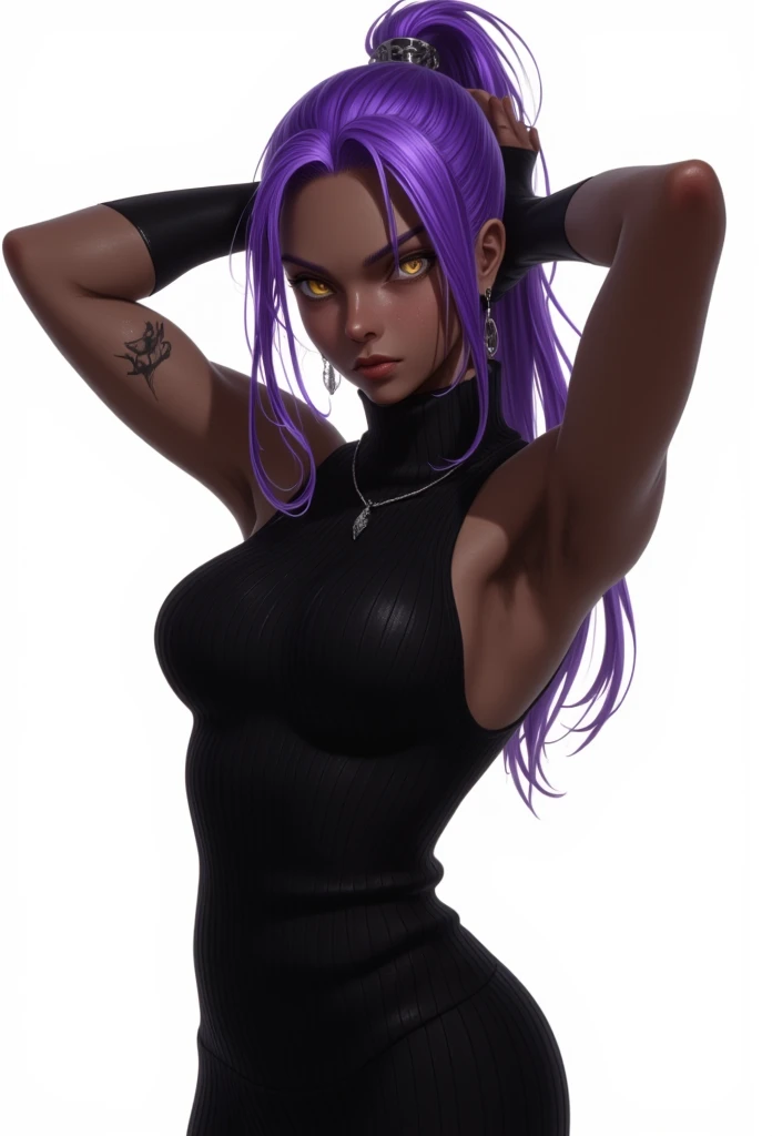 flux,A dramatic portrait of a strong-willed Shihouin Yoruichi, a dark-skinned female with long, purple-hued ponytail and yellow eyes. She stands solo on a simple white background, her arms raised in a confident pose as she adjusts her hair. Her powerful physique is accentuated by the sleeveless turtle-neck sweater, complete with detached sleeves and a choker necklace. Her gaze meets the viewer's directly, exuding an air of quiet strength.flux