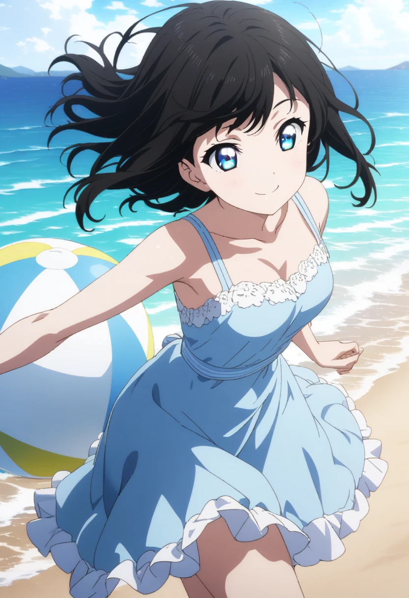 Delicate and beautiful CG art),( best quality ,  Ultra-detailed,  high resolution),( dynamic angle, dynamics),(1 character),( long black hair),  Blue Eyes,  pretty face), 1 , (Long cutlets , plants, smile, long blue dress, anime,  ocean, water, beach ball, seashells, sunny, windy