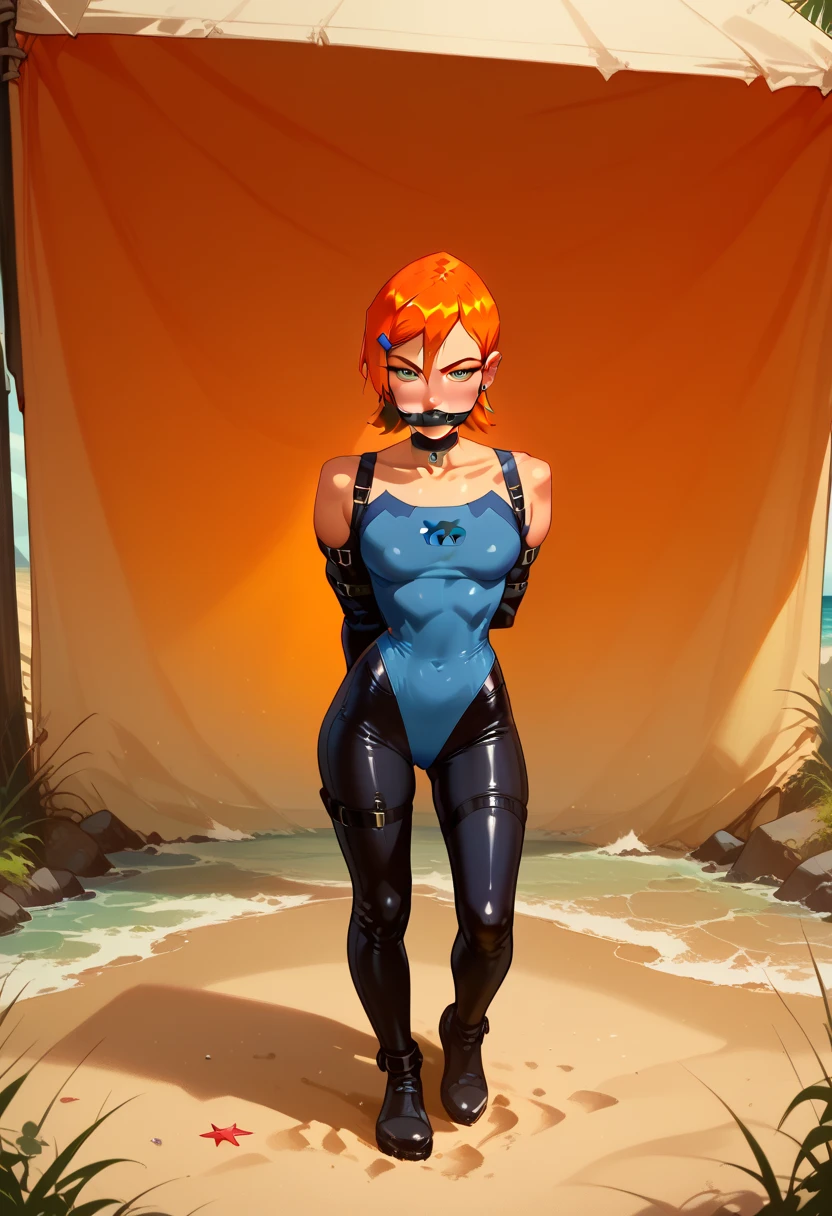 score_9, score_8_up, score_7_up, score_6_up, 1girl, gwen tennyson, ben10, orange hair, shorthair, light blue latex leotard, sleeveless, pantless ,choker, anypose, seductive look, blushing, detailed background, perfect face, perfecteyes, sexy, sexy girl, beautiful eyes, full body shot, beach, under tree, standing, black panelgag gag, gagged, arms bound behind back, armbinder, armbinder bondage,