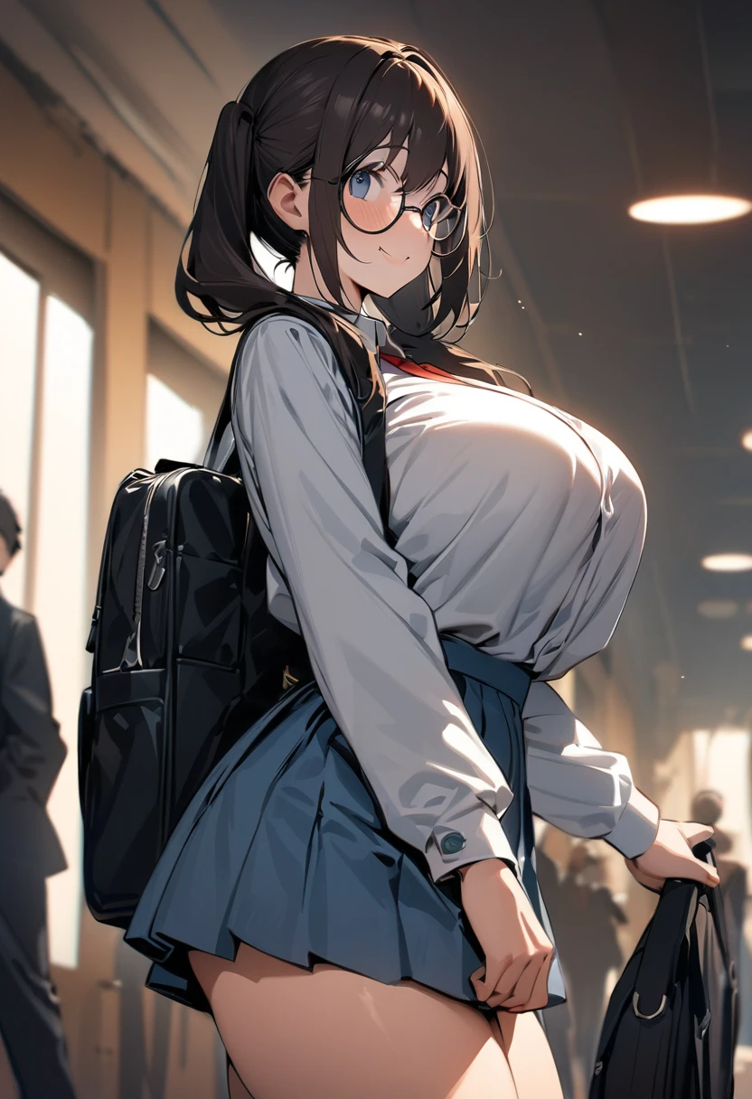 a school bag、huge tit、A dark-haired、poneyTail、girl with