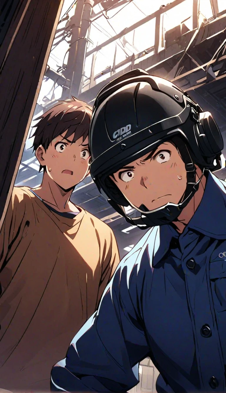 Illustration、 oblique camera angle、Man with speaker 、factory clothes 、 wearing a helmet、The face looks here and complains、デフォルメ