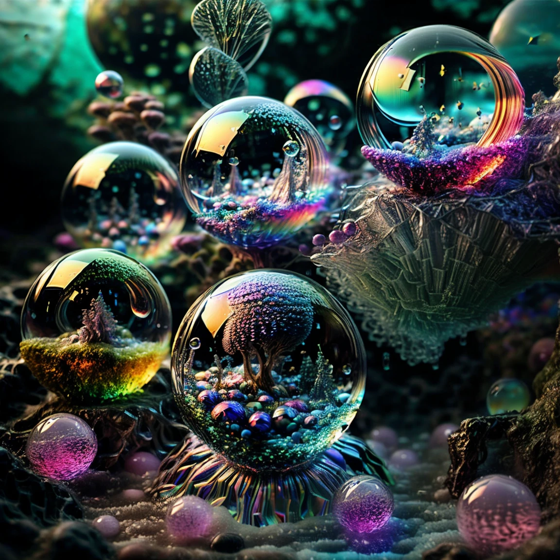  3dglass-like environment,shimmering glass bubbles morphing out of swirling colors, neon colors twisted through glass orbs and melting to drip into glass spheres, colored liquid fizzing to the ground, glowing light and reflecting,4d mandelbulb psychedelic landscape, depth of field,award winning masterpiece,pixel art, portrait,photography,photorealistic,hyperdetailed, glassmorphism,sparkle,God rays,optical illusion,rotational symmetry,reflective light,overexposure,backlighting,symmetrical reflective bubbles and spheres,extremely detailed bubbles and spheres,swirling spirals and vortex,bright vibrant colors popping out from 3d glass spheres,psychedelic underwater brightness glowing with neon colors,glowing colors twist creating holograms. Within a black abyss Intense bright, colorful, perfectly symmetrical glass globes criss crossed back and forth with different colors of laser lights contrasting the glowing light of fizzy liquid within the glass. Stark contrast between bright light colors and dark. photorealistic, cinematic photography, cinematic lighting, cinematic portrait, portrait photography, realistic, realism, ultra detailed, UHDR, full focus, highest quality, hyperrealistic,3D Rendering, 8K Octane, Cinematic, Cinematography, Digital Art, Photorealistic, Pixel Art, Pixel Assets, Depth Of Field, Best Quality, Award Winning, MasterpieceWithin a black abyss Intense bright, colorful, perfectly symmetrical glass globes criss crossed back and forth with different colors of laser lights covering the circumstances of the globes and contrasting the glowing light of acidzlime within the glass. Smaller spheres of glass in luminescent neon pink and neon green liquid fizzing and overflowing with acidic bubbles and emptying out into reflective glass orbs that melt and drip vibrant colorful symetrical patterns that cover the ground and merge together in a quilt of intricate and complex designs. High fantasy, magical effects, hypperrealistic, hyper detailed, very aesthetic.