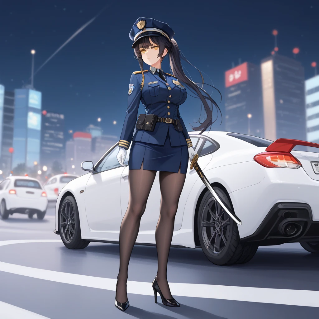 A woman wearing a navy blue Japanese police uniform, large breasts, navy blue skirt, black tights, black heels, navy blue military hat with gold details, wearing sunglasses, serious face, white gloves, with medals on her uniform, standing , in a car park next door with a police car, well detailed car, katana on the waist, black hair, long hair, ponytail hair, yellow eyes..(solo woman) ,UHD , prime work , accurate , anatomically correct , textured skin , super details , high quality , best quality, 8k, high resolution, bokeh effect, (Azur_lane, IJN_TAKAO), Close_view.
