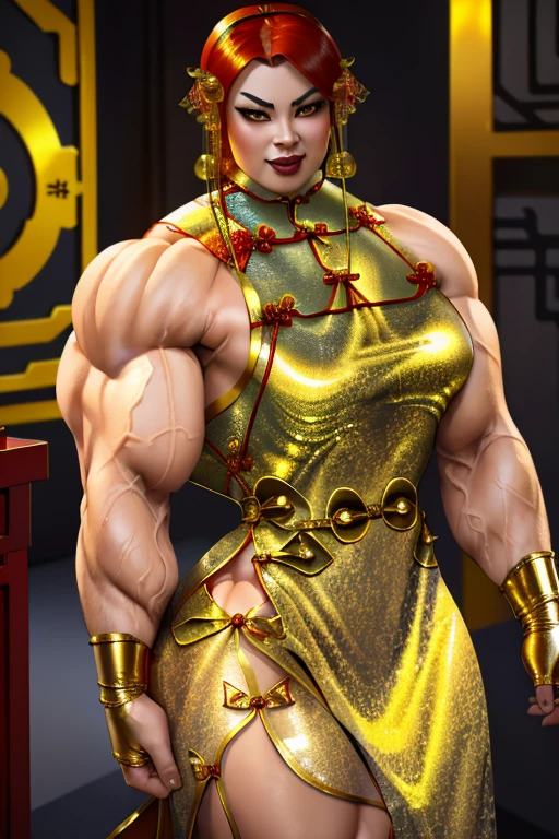 ((Massive, beautiful, buff, light brown skinned, muscular woman with shocking pink hair, black lipstick, ginormous bulky muscles and wearing an all gold beautiful long cheongsam dress)), ((close view)), massive muscles, massive biceps, hyper muscle triceps, (angled bob cut), red eyes, (gold gauntlets), ((beautiful long gold cheongsam dress)), thigh high socks, high heels boots, (in a golden palace), surrounded by gold, night, closed smile, hyper muscles arms, hyper muscle legs, massive arms,