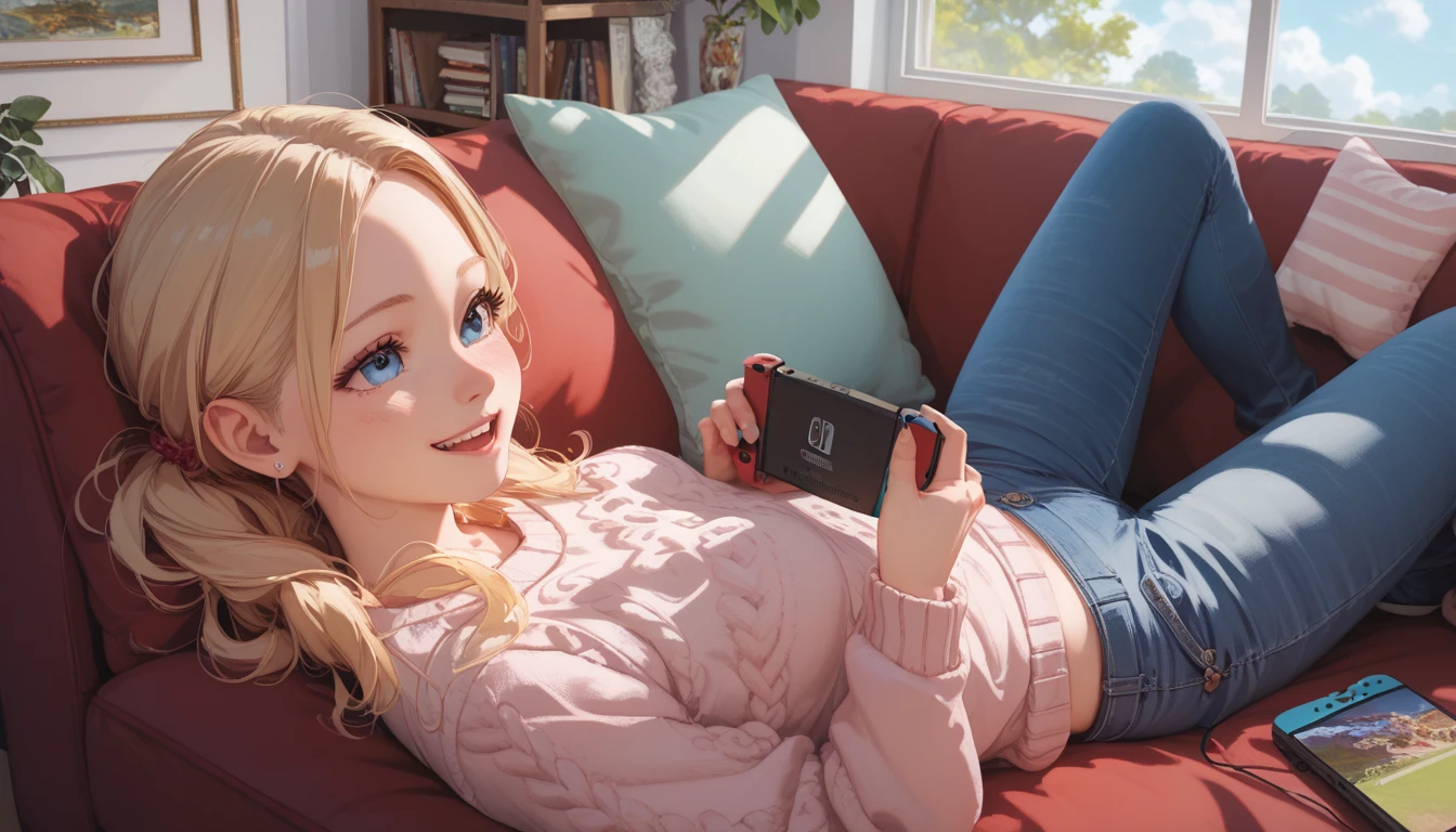 masterpiece, maximum quality, 4k, detailed, lying on sofa, jeans and sweater, mythral, happy, holding nintendo switch, watching the console