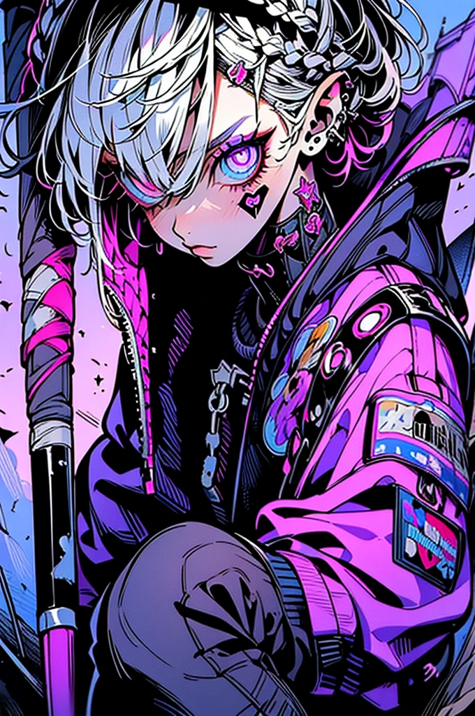 ((top-quality)), ((masterpiece)), ((Ultra-detailed細)), (Extremely delicate and beautiful), girl with, solo best illustration, Ultra-detailed,horny girl with,Clear face, White hair, Cool Black Open Short Jacket, The tattoo, Messy Fade Cut Hair, Side braided hair,Crazy, standing with an eerie feeling, abandoned amusement park background,knee high socks,quirky sneakers,Eyeshadow on the eyes,unusual colored eyes, Eyes of fear, Vivid eyes