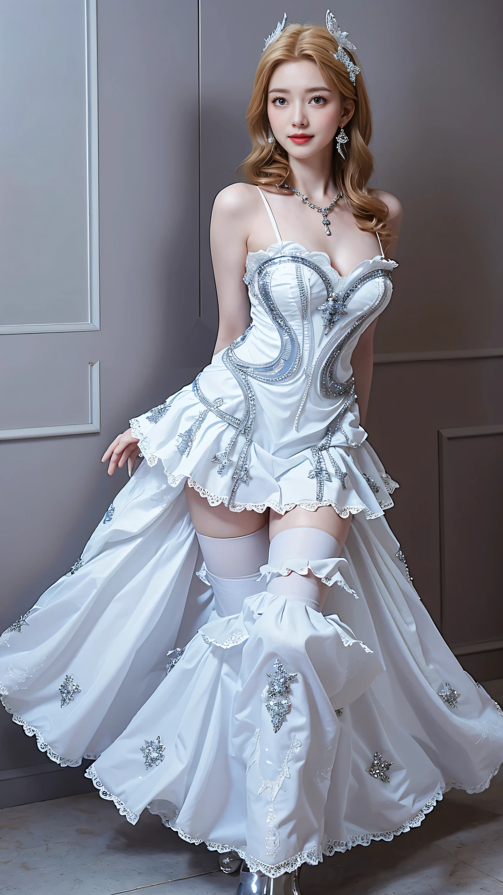 best quality, tmasterpiece,Ultra-high resolution,Clear face,(Reality:1.4),ferpect lighting,(full body photo), (photorealistic:1.50), anime wallpaper, Guviz style artwork, cover-up fantasy up to magic , by Yang J, Guviz, beautiful artwork illustration, beautiful digital artwork, beautiful digital illustration, Li Song, beautiful anime portrait, art style in Beauvot,1girl, absurdres, Odette_ml, solo, smiling, looking at viewer, cowboy shot, (blonde hair1.3), (hair ornament), smile, yellow eyes, white dress, short dress, medium breast, looking at viwer,room background:1.5, computers,From above:1.3,(Standing:1.5),