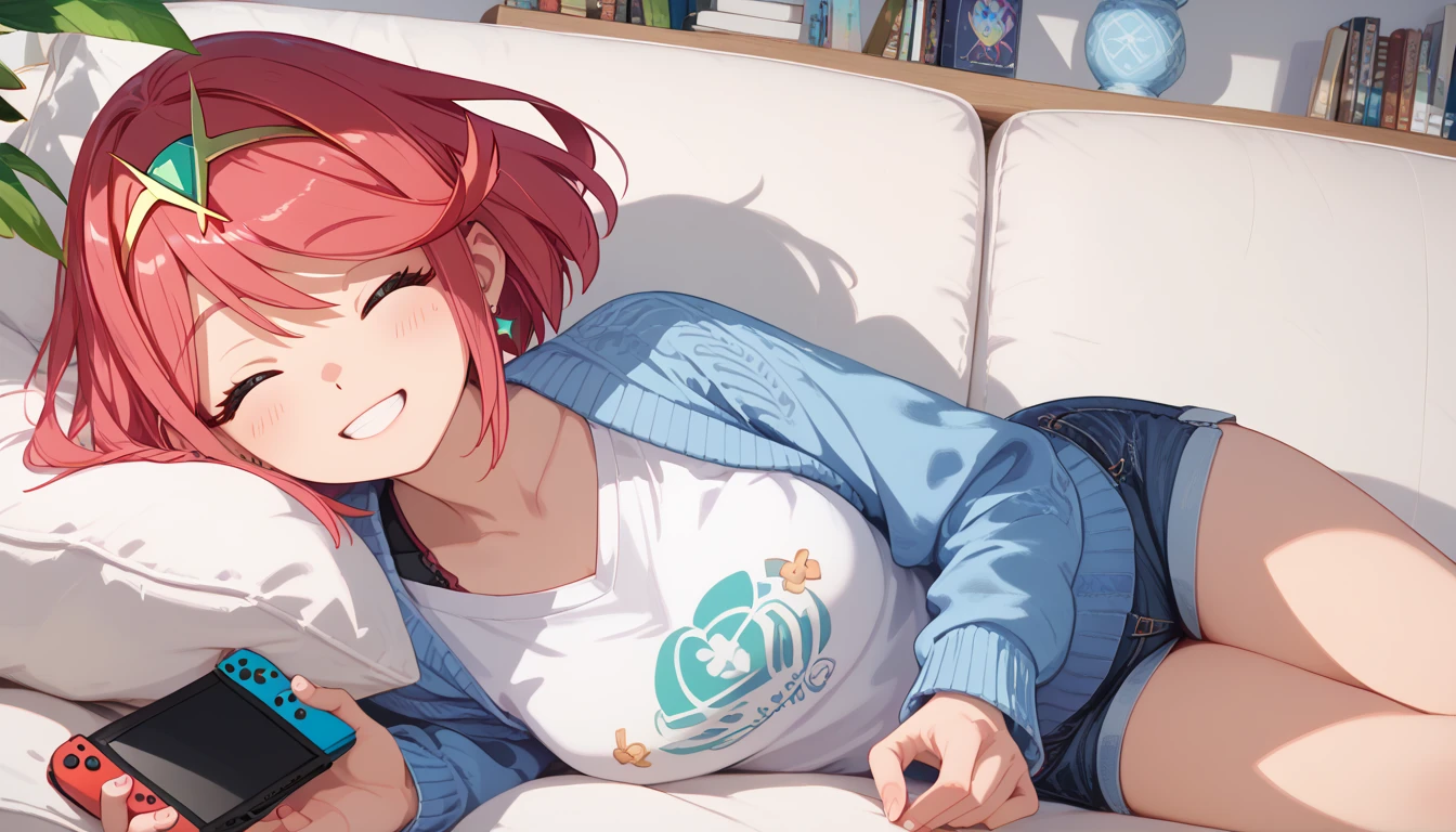 masterpiece, maximum quality, 4k, detailed, lying on sofa, jeans and sweater, pyra, happy, holding nintendo switch, smiling, closed eyes