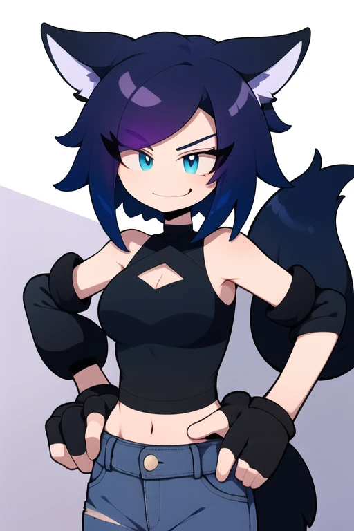 Dark Blue hair, wolf ears, crop top, blue jeans, dark blue tail, purple fingerless gloves, purple flipflops, eye lashes, sleeveless, wink,prngs, hands on hips