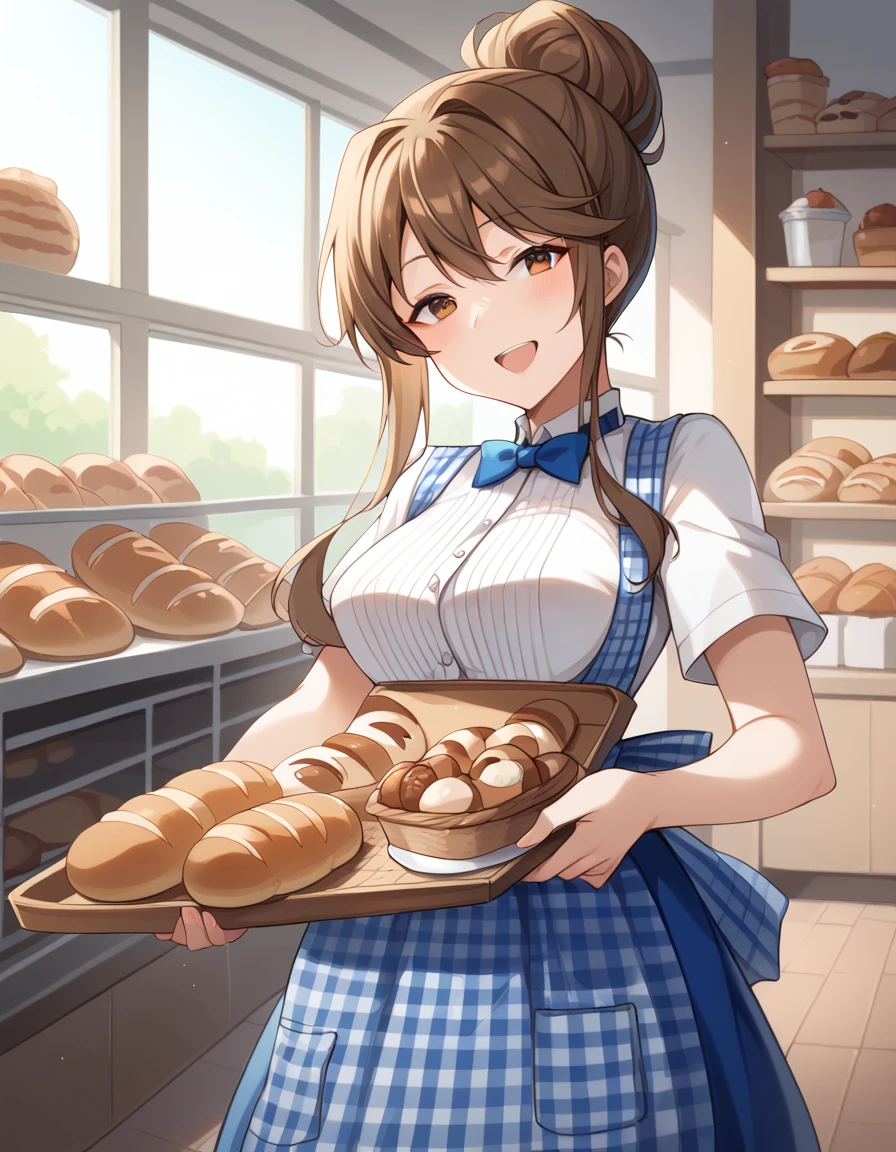  1 girl,  pose using medium bust , Kobeya uniform,blue skirt, blue neckwear, Gingham Apron, Bakery,  dutch angle,  Wide Shot , Look away, fingersmile,  open mouth,  top quality,Medium quality ,  brown hair ,  brown eyes, single Hair Bun, Hair Bun,  long hair, side lock
