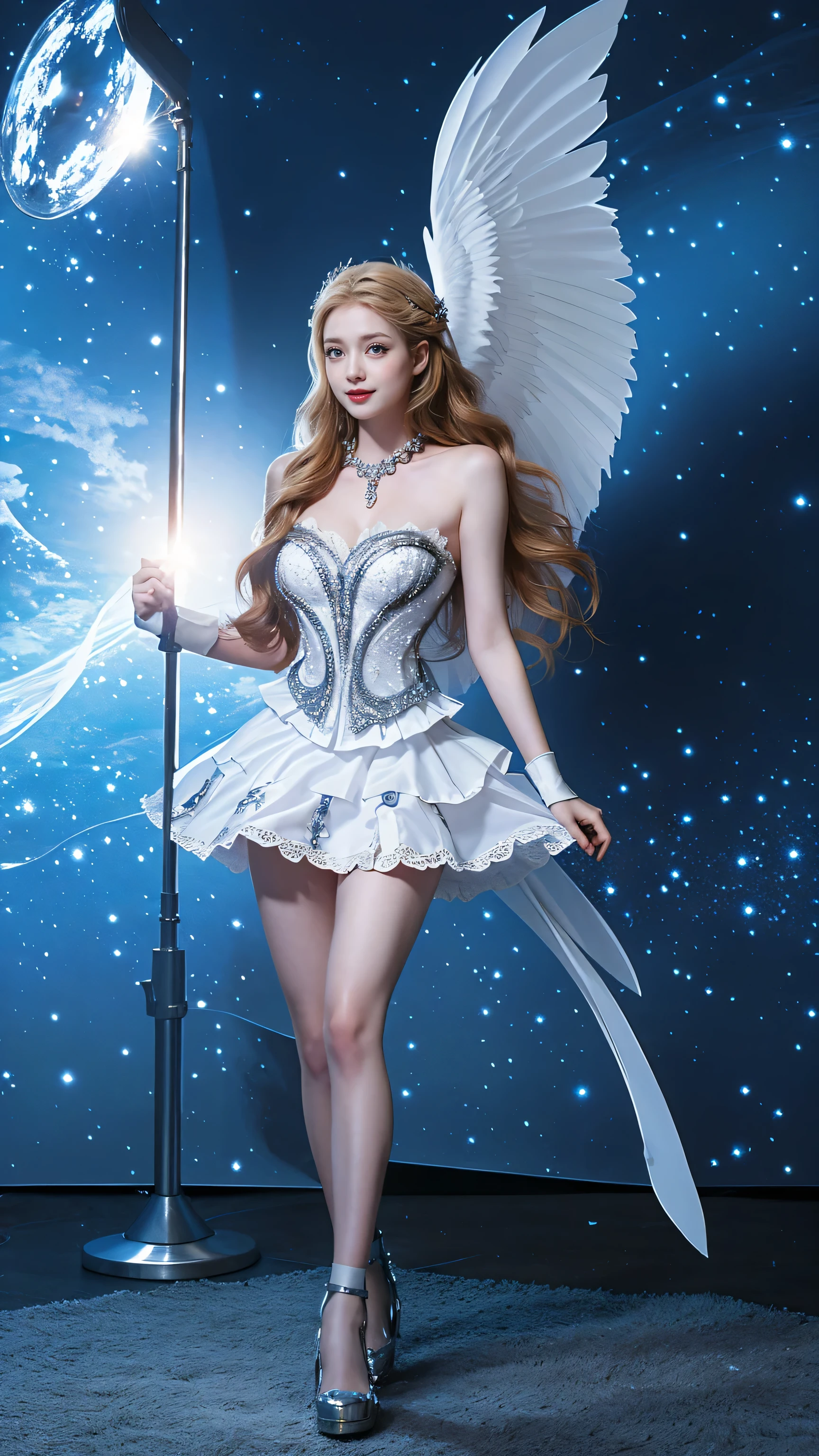 best quality, tmasterpiece,Ultra-high resolution,Clear face,(Reality:1.4),ferpect lighting,(full body photo), (photorealistic:1.50), anime wallpaper, Guviz style artwork, cover-up fantasy up to magic , by Yang J, Guviz, beautiful artwork illustration, beautiful digital artwork, beautiful digital illustration, Li Song, beautiful anime portrait, art style in Beauvot,1girl, absurdres, Odette_ml, solo, smiling, looking at viewer, cowboy shot, (blonde hair1.3), (hair ornament), smile, yellow eyes, white dress, short dress, medium breast, looking at viwer,room background:1.5, computers,From above:1.3,(Standing:1.5),