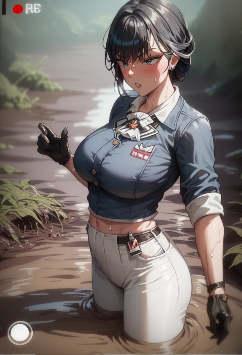 Marciana ( goddess of victory :nod),white skinny pants ,dark blue shirt with rolled up sleeves ,Black gloves, black hair,,recording, is standing,sweat,底なしSwamp,Swamp,Quick sand,Be buried(Up to the waist,