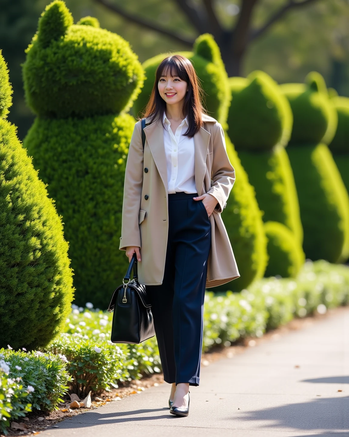 ultra-realistic, photorealistic, dramatic scene, shadow, global-illumination, solo, (20 years old Japanese girl:1.5), very beautiful with very cute but boyish cool face, (very large breasts), slim waist, (wearing an office worker's outfit with dark navy pants and white raffled shirt and beige spring coat:1.2), black elegant pumps, wearing her light brown hair down,  She carries a black elegant bag on her shoulder, (large breasts), sunny day in the morning, She is walking at the botanical park, flowers, professional light, she found hedges with flowers trimmed into the shape of sitting cats and neatly arranged in a row without any gaps, she is so surprised and showing smile, shoot from side, dynamic angle, beautiful hedge