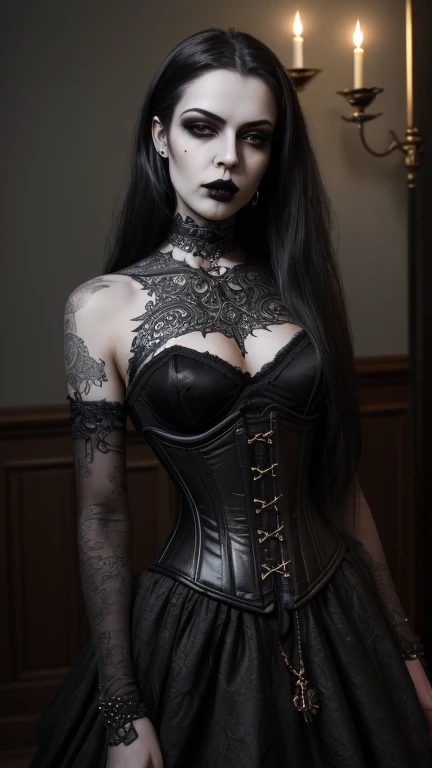 Women ,tan skin, (erotism:1.3), (gothic dress:1.3), highly detailed, black long  hair space buns, empress, black lipstick, Cinematic film still, hdr, cinematic lighting, (volumetric fog:0.7)