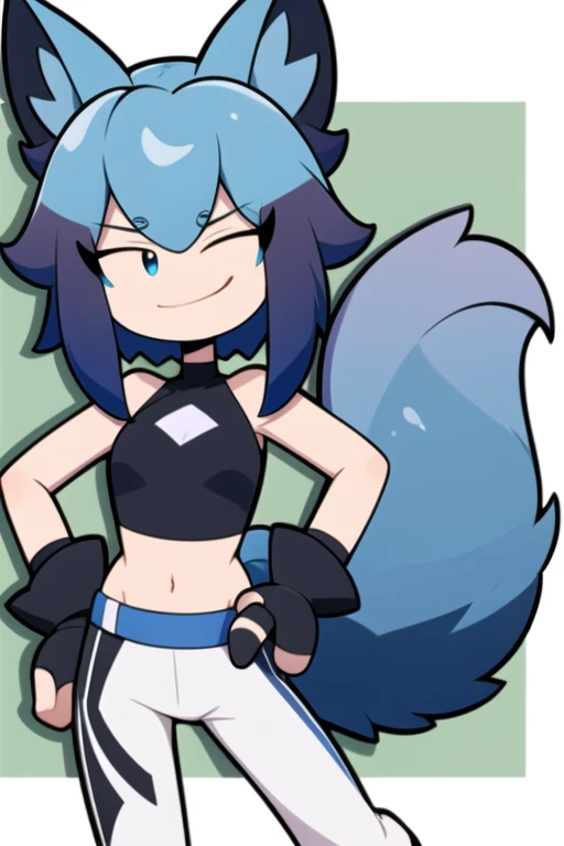 Blue hair, wolf ears, white crop top, blue pants,  blue tail, purple fingerless gloves, purple flipflops, eye lashes, sleeveless, wink,prngs, hands on hips, white tip on tail