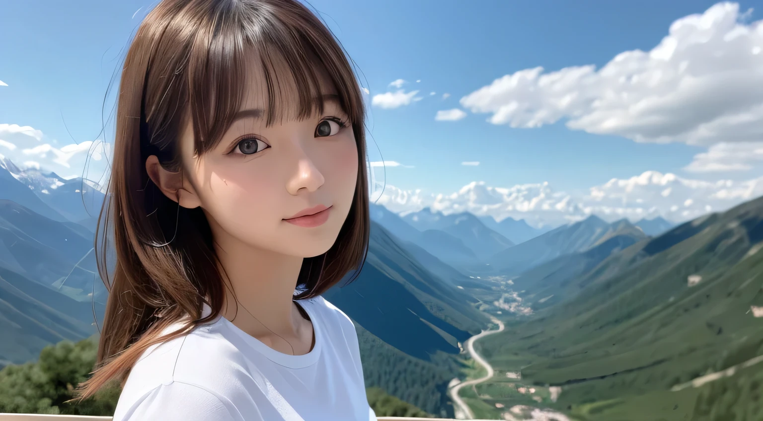 cute 21 year old japanese、
super detail face、pay attention to details、double eyelid、beautiful thin nose、sharp focus:1.2、Beautiful woman:1.4、(light brown hair,short hair、),pure white skin、highest quality、masterpiece、ultra high resolution、(Photoreal:1.4)、Highly detailed and professional lighting、nice smile、Summer mountain climbing scenery、Please generate an image that shows the whole body of a Japanese woman wearing a tank top.。The woman has a lively and cheerful expression.、Enjoying mountain climbing in refreshing scenery。blue all around々tree々and beautiful mountains々Create a landscape where、Please describe the cute design and color of the women&#39;s tank top.