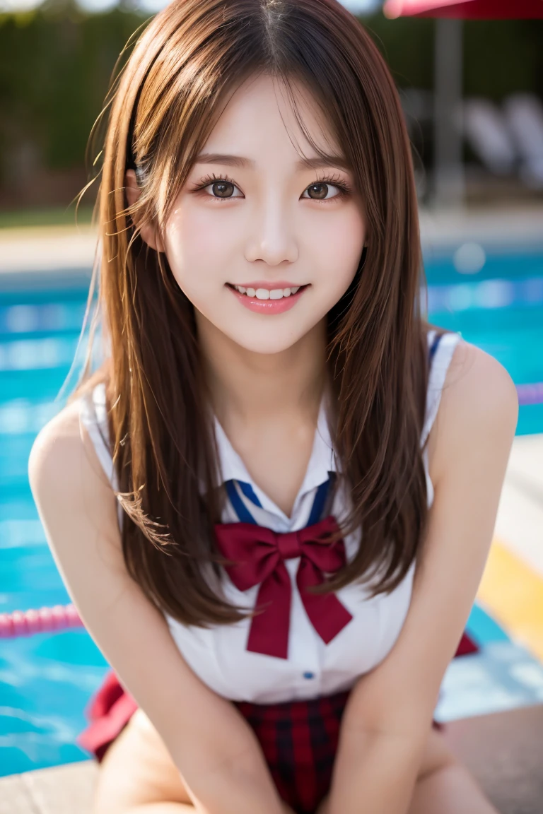 (Highest quality, shot with DSLR, 8k, highest quality, high resolution, highest quality, highest resolution, very beautiful woman, perfect ???????), light brown eyes, very light brown eyes, small diamond-shaped earrings, looking directly at the camera, beautiful brown hair, ((baby face, loosely cute medium ponytail)), very short and beautiful bangs with brown hair, E-cup bust, beautiful 20-year-old, lip gloss, smiling very happily, very cute smile, upper teeth, beautiful teeth, (random summer beautiful sea or pool horizon (background only)), slightly larger eyes, small face, tall supermodel, beautifully shaped model, random cute pose without revealing décolleté, dynamic angle, eye focus, head tilt, very detailed and realistic, very beautiful 20-year-old, ((medium shot)), sharp jawline, high school girl's sailor uniform, deep waistline, sexy legs, side view, smiling very happily, laughing, summer day.