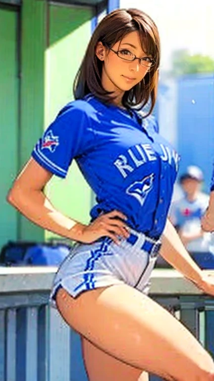 8K, Raw photo, highest quality, masterpiece, realistic, Photoreal, (1 Ultimate beauty), 21 years old, highly detailed face, (perfect teeth), detailed eye, double eyelid, eyelash, grin and laugh, lip details, brunette bob, big breasts, ((white shorts, Blue Volleyball Uniform)), Utter and total focus: r,Volleyball Girls,, Koen-dori in Tokyo, soft light, ((Depth of written boundary)) 、Shot from the back、share、stick out your butt、With legs apart、