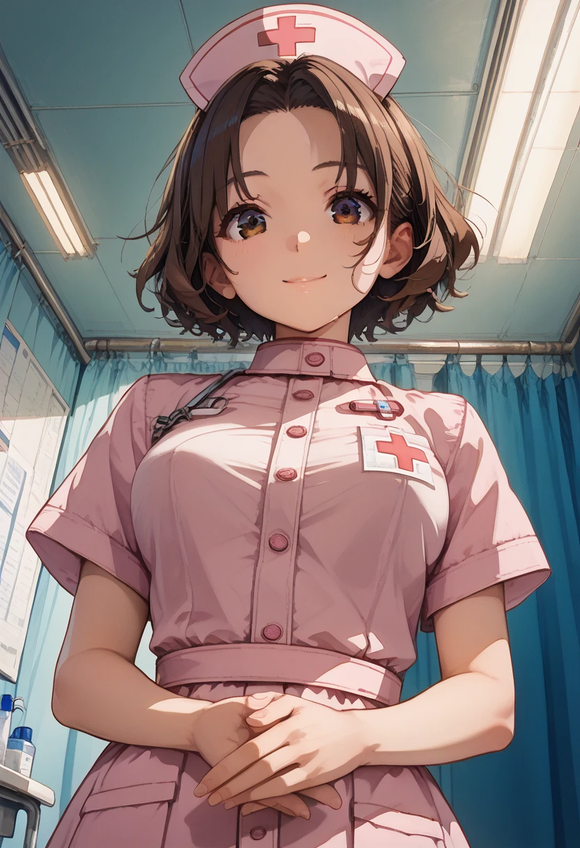 (score_9, score_8_up, score_7_up,source_anime,masterpiece:1.3),(intricate and detailed:1.2),vector-artstyle,best quality,Fine hair,intricate illustration ,ultra-detailed animation,1girl,Look At Viewer,faint smile,Provoke,Brown Hair,Messy Tip Hairstyle,okumura haru,Ao Dai,(nurse:1.3),(Bodysuits:0.8),(face seen through breasts:1.1),(sway back,arched back:1.2),own hands near waist,pov,hands focus,from below,ceiling,Dynamic angle