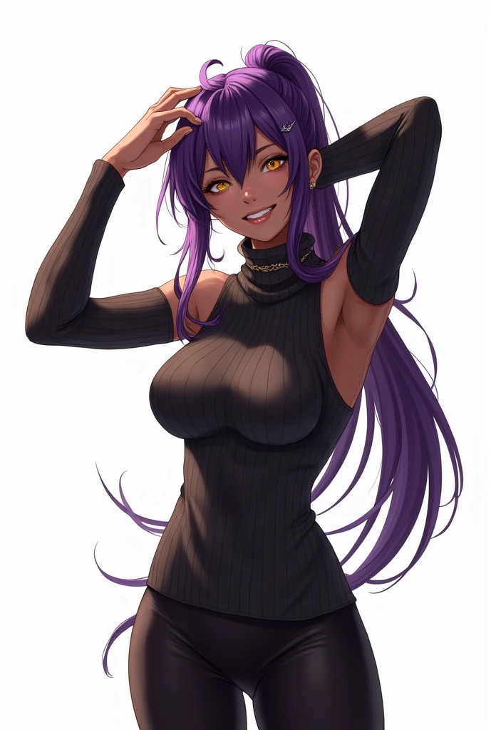 flux,A dramatic portrait of a strong-willed happy Shihouin Yoruichi, a dark-skinned female with long, purple-hued ponytail and yellow eyes. She stands solo on a simple white background, her arms raised in a confident pose as she adjusts her hair. Her powerful physique is accentuated by the sleeveless turtle-neck sweater, complete with detached sleeves and a choker necklace. Her smile meets the viewer's directly, exuding an air of quiet strength.flux