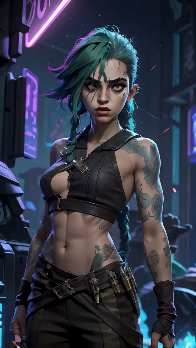 Gafe arcane, uma mulher com  green hair  e tatuagens,  Cyberpunk Woman Anime , pants, 
 Hermosa Ciberpunk goddess disgusted , cyberpunk art style,  cyberpunk anime digital art , cyberpunk anime art, arcane Gafe Retrato, cyberpunk anime art,  cyberpunk-themed art , dark fantasy cyberpunk, estilo arcane, 
1 girl,  tattoo of stars  on arm, fringe asimétrico, fringe,  green hair ,  green braids , Brown shirt,  tattoo of stars , oblique,  green hair ,  long hair,  pink eyes , Red lips, 
standing , cloud tattoo,  twin braids . arcane Gafe. Garota de  green hair , garota de  twin braids , Gafe in a burning place, Spark - to spark, spheres of light ,  movie poster, Gafe, arcane\( League of Legends \