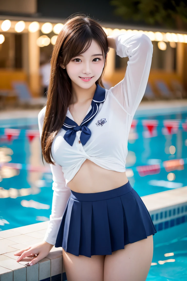 1 woman, idol, long hair, brown hair, pool, 20 years old, chest by hand, squatting, cheerleader uniform