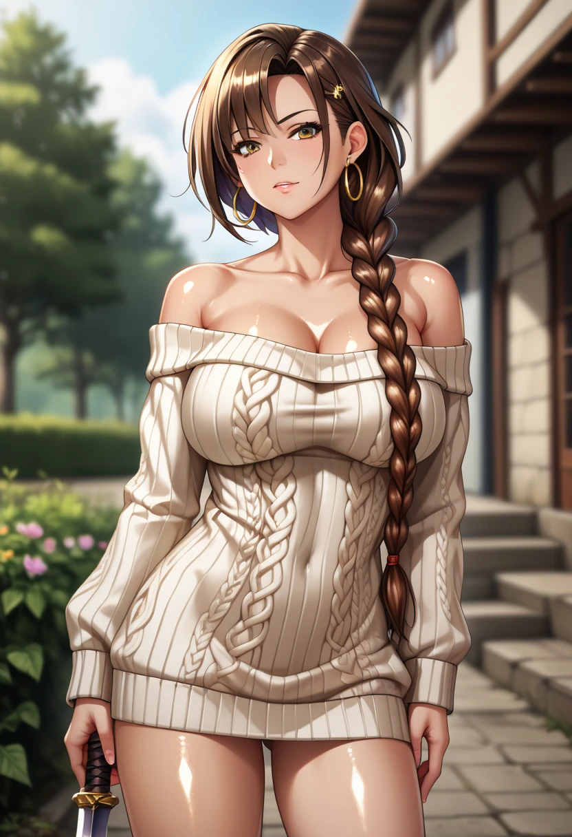    detailed face   ,    Detailed Body Rendering   ,   Alone、  masterpiece ,    High Quality   , 8k,    hoop earrings   ,   depth of field,   is standing,shiny skin, ( mini dress)、 brown hair ,  Single Blade ,    is standing、  ((  do  ,)),  Thigh Thickness, shiny skin,SKINNING   ,{{{{{   game cg}}}}},, 最   High Quality   ,    High Quality  ,    Very Sophisticated   , , shiny skin,((Big Breasts:1.2)),(   Rib Knit Sweater),(  Off Shoulder  ),,Green,30th Generation,(((single braid)))