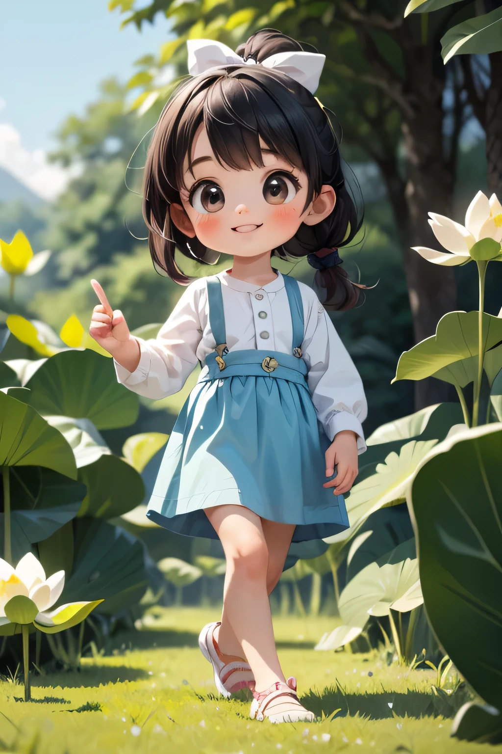 a little lovely ??? girl，Short double ponytail，Wearing a blue and white dress，Black color hair，Clench your fists，In the creek，Catch a fish，very happily