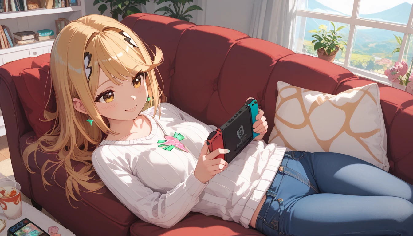 masterpiece, maximum quality, 4k, detailed, lying on sofa, jeans and sweater, mythra, happy, holding nintendo switch, watching the console