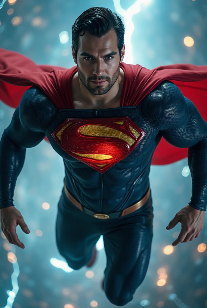 (masterpiece:1.2, Exceptional Quality, Mirror-like, Cinematic Experience, Best illustrations:2.0), Ultra-high resolution, Very detailed, 8k, wallpaper, (Super sexy man:0.5), (Super muscular:2.0), (h3nr4, Henry Cavil:2.0), (Superman:2.0), (Muscular Chest:2.0), (Elegant body:2.0), (Beautiful Eyes, Shining eyes, Detailed face, Short stubble, Beautiful skin texture:1.3, undercut haircut:1.3), (Beautiful male hands:2.0), (Fine hand:2.0), (Flying superhero pose:2.0), (Wearing a Superman suit:2.0), (In the background is a intense electrical discharges:2.0), (Super sexy:2.0), (Very muscular thighs:2.0), (Super functional:2.0), (Cyberpunk:2.0), (SF:2.0), (Visual Effects:2.0), (Upper body close-up:2.0), (dynamic:2.0), (Serious:2.0)