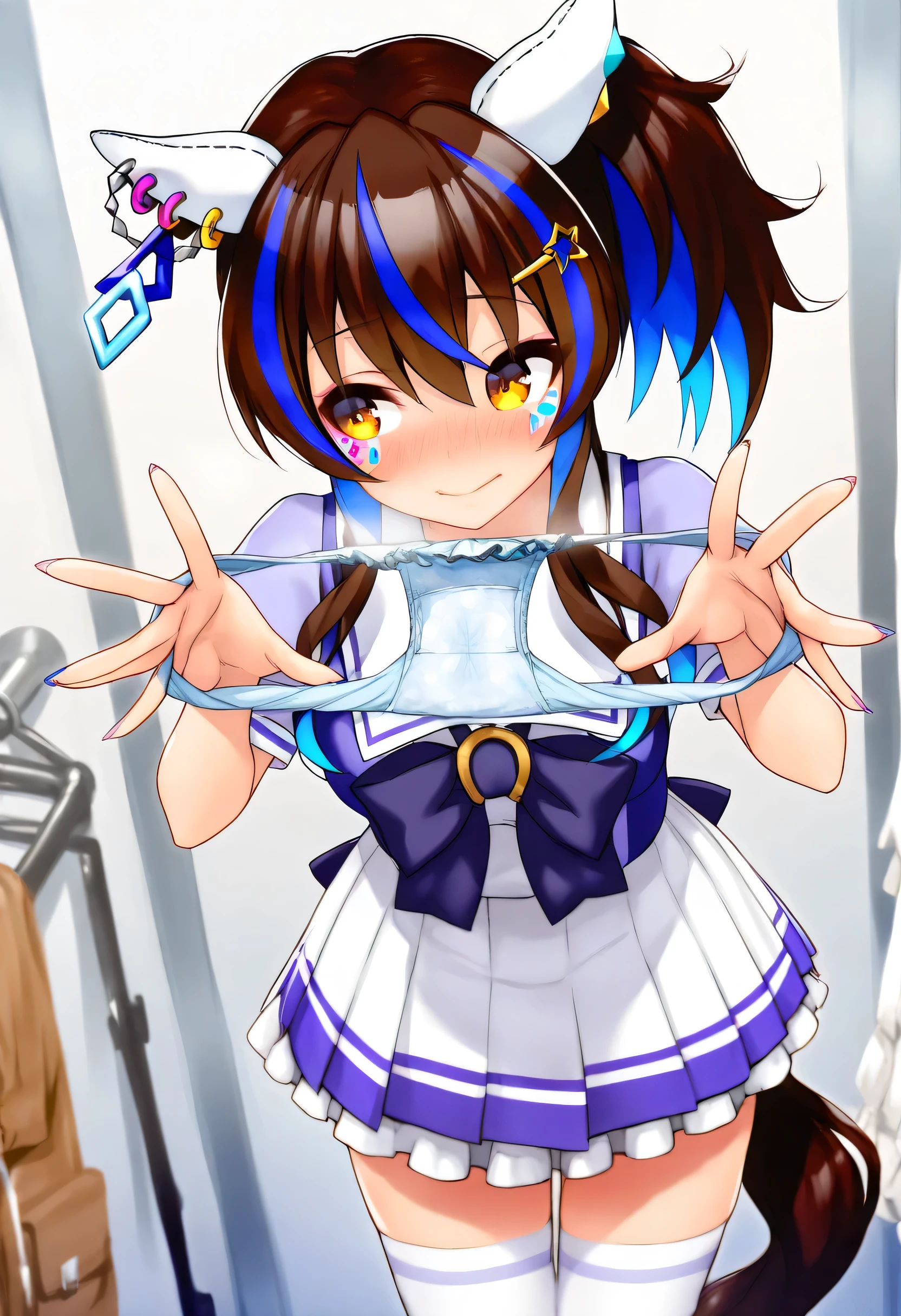 nsfw, indoor, changing room, cowboy shot, ((1 girl)), umamusume, daitaku helios, embarrassed, looking away, blush, tracen school uniform, summer uniform, serafuku, puffy short sleeves, purple bowtie, horseshoe ornament, sailor collar, sailor shirt, purple shirt, white skirt, pleated skirt, frilled skirt, miniskirt, zettai ryouiki, white thighhighs, brown footwear, loafers, holding unworn clothes, holding underwear, ((holding blue panties)), ((((presenting removed panties inside)))), beautiful hands, beautiful fingers, steam, smoke, body without discomfort, chest, modest cleavage, small curvaceous, medium breasts, ((masterpiece)), (best quality), (absurdres), (ultra detailed), (very aesthetic)