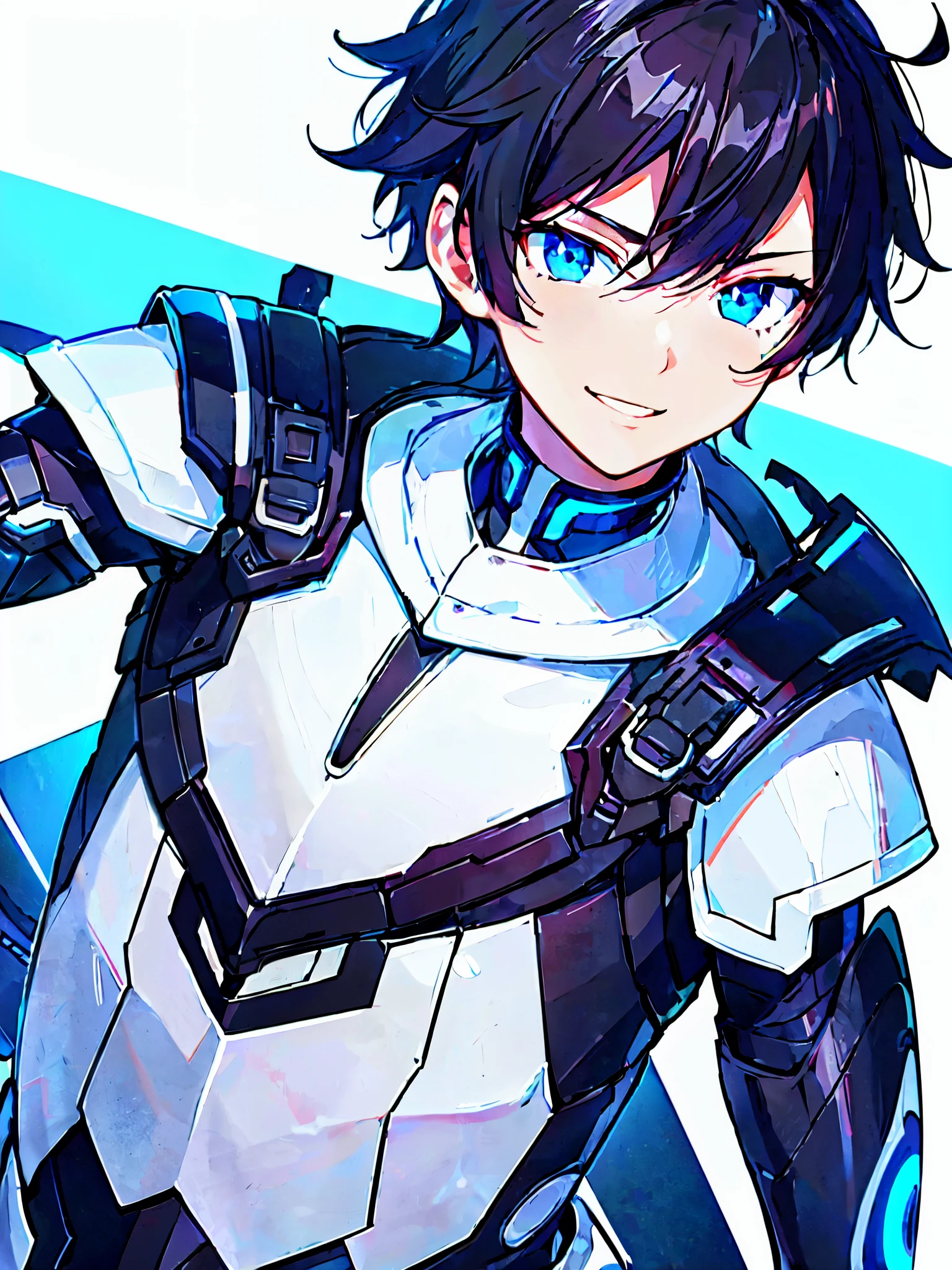[(WHITE BACKGROUND:1.5),::5], ((masterpiece)), high quality, ultra very high resolution, full color, ((solo)), ( boy), Black cyborg armor, (ORCA armor), (ORCA mechanical tail), ((men's Black hair)), (SkyBlue eyes), anime, ((upper body)), neon light, (evil smile)