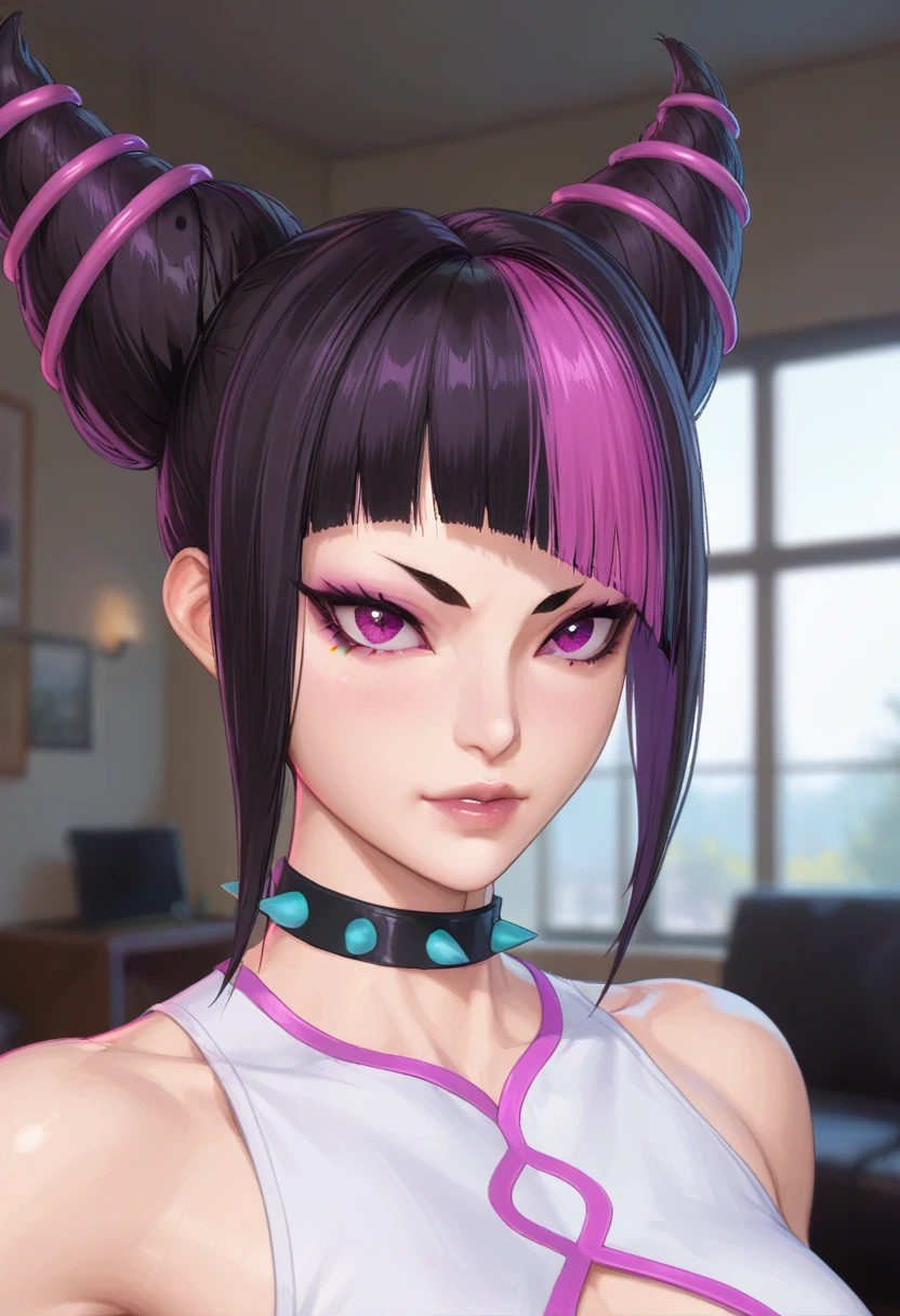 (masterpiece, best quality:1.2), 1girl, solo, Juri Han from Street Fighter 6, Standing in the center of a dimly lit room is Juri. Her hair is styled into two large buns on either side of her head, with pink and purple streaks adding a pop of color to her dark locks. She looks directly at the camera, her expression serious but intriguing. She is dressed in an outfit that contrasts sharply with the muted tones of the room. The top half of her body is white, adorned with pink and purple accents that echo the colors of her hair. A choker around her neck adds a touch of elegance to her look. The background is blurred, drawing the focus to her, but it appears to be an indoor setting with large windows letting in natural light. The overall atmosphere suggests a scene from a video game or a stylized photograph.