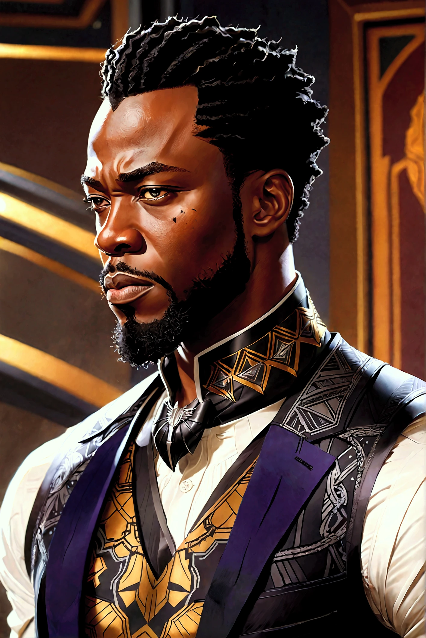 a detailed character portrait 、 detailed character portrait {x} of a man in a vest, Epic portrait illustration, Black men, figure portrait, Digital illustration style , Detailed. digitial painting, High-quality portraits, 特写figure portrait, Detailed character portrait, epic digital art illustration, highly Detailed character, Wakanda, T'Challa, Stylized portraits, character art portrait, marvel comic, dc comic.