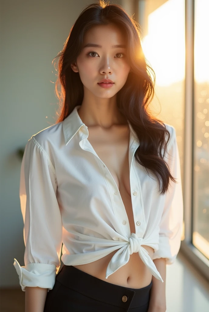 araffe asian woman in a white top and black shorts posing for a picture, gorgeous young korean woman, beautiful south korean woman, wearing tight shirt, beautiful young korean woman, korean girl, tight shirt, beautiful asian girl, open v chest clothes, cleavage, smooth translucent white skin, wearing tight simple clothes, thick neck, hot with shining sun, gorgeous chinese model