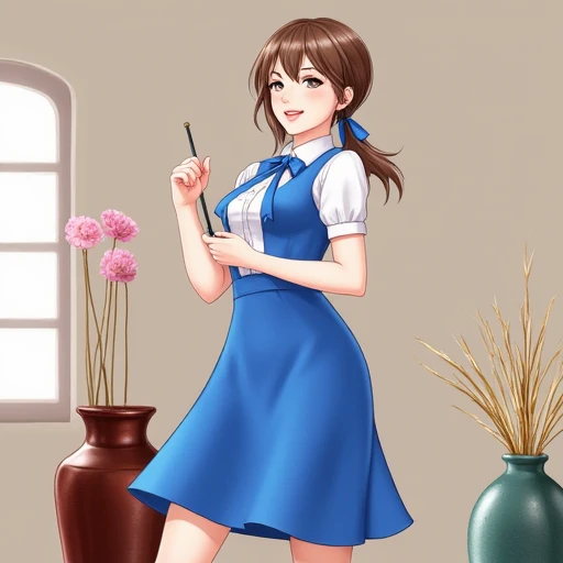 Masterpiece , PremiumQuality,  High Resolution , The is very detailed,  detailed background ,( Blossom Chrome , (brunette color hair, semi long hair, Horsetail blue ribbon),(White color blouse,  Blue Short Ribbon Tie, Long blue dress), small, Neat, 黑The eye,Learn, gently smiling), Scale out, Chic Den , vases