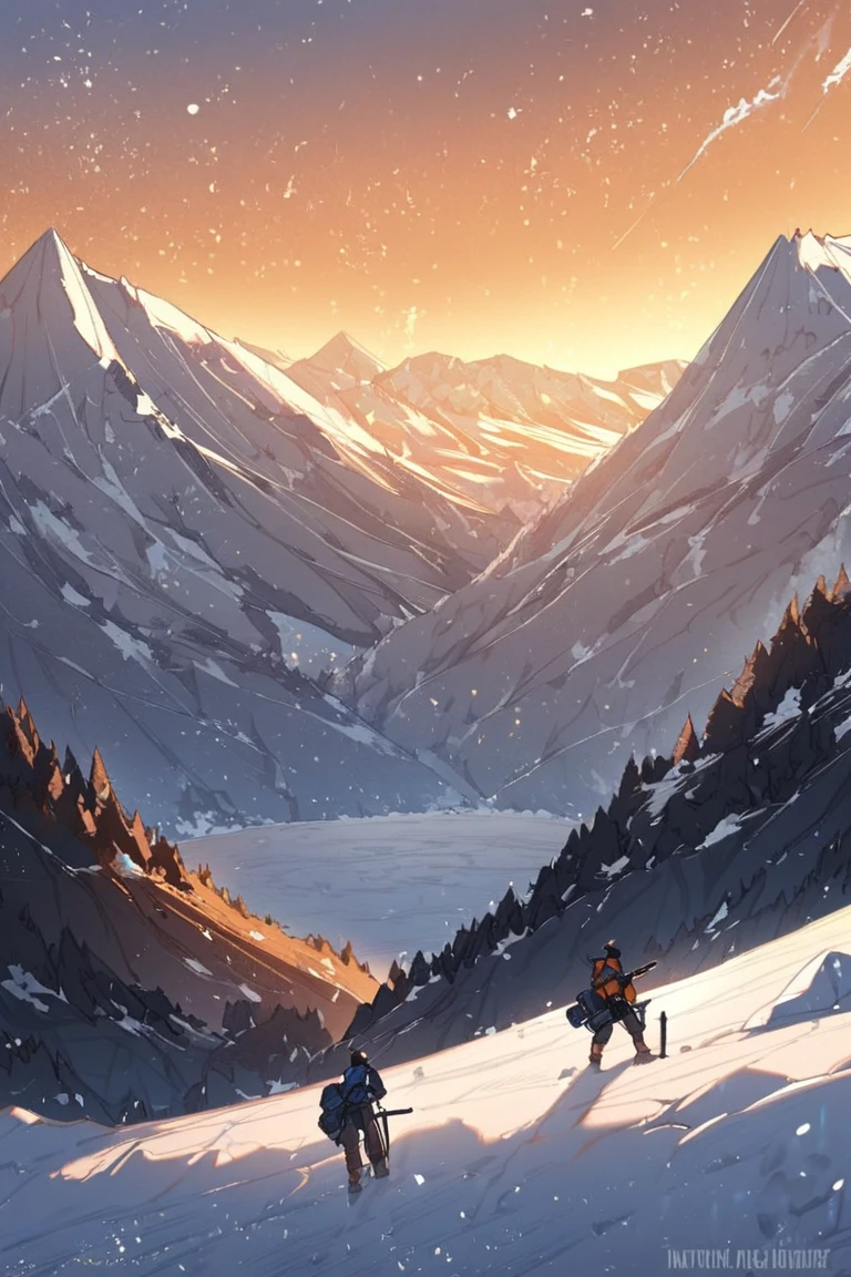 3 black teenagers found armed with guns on the shore, Mountain adventure scenery, Cartoons, Snow on mountain peak , eventide, starrysky, orange skies