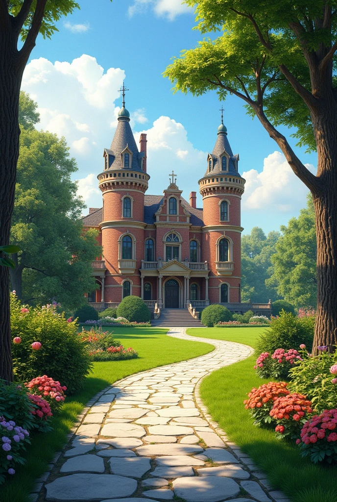 ( photo realism), (Best, Masterpiece , detail-rich), Double tower mansion , a lot of tree,  colorful garden , flower pots, old mansion,  white stone path , Green grass,  blue sky ,  rays of sunshine ,  brown brick mansion , hyper HD