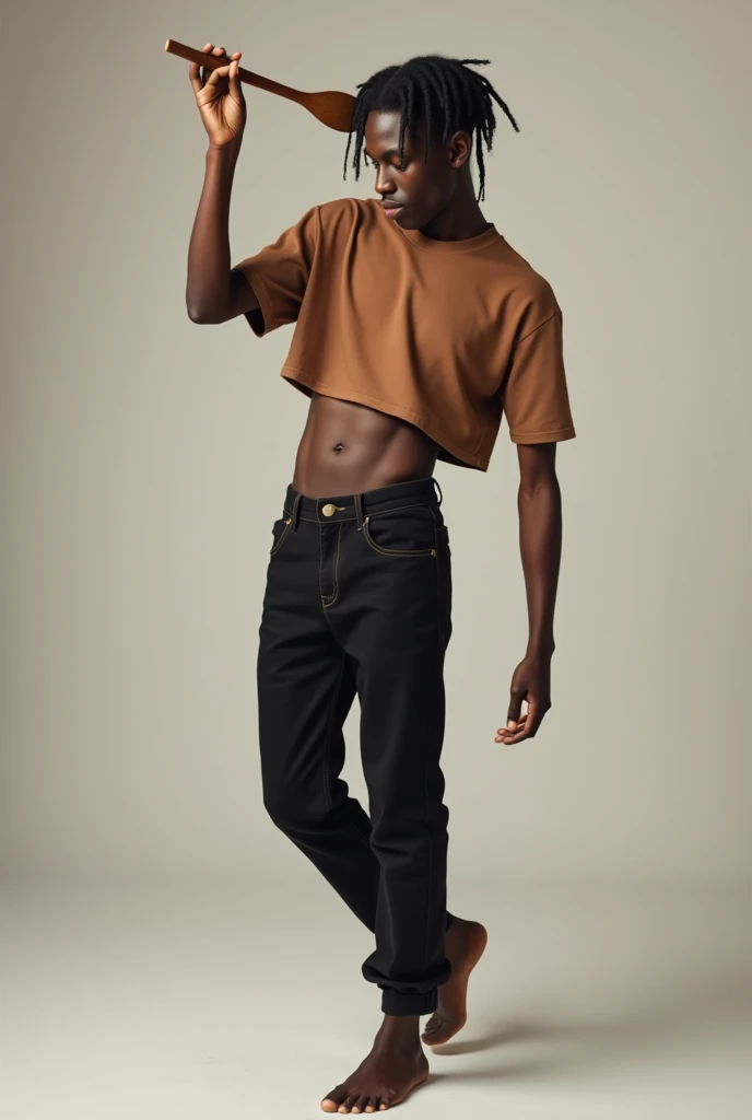 A tall man with a small penis, mid-fade cut, black hair, cinnamon skin, small ears, slightly upturned nose, big eyes, oval-shaped face, flat abdomen, thin legs, slightly large arms. I want a full body image.